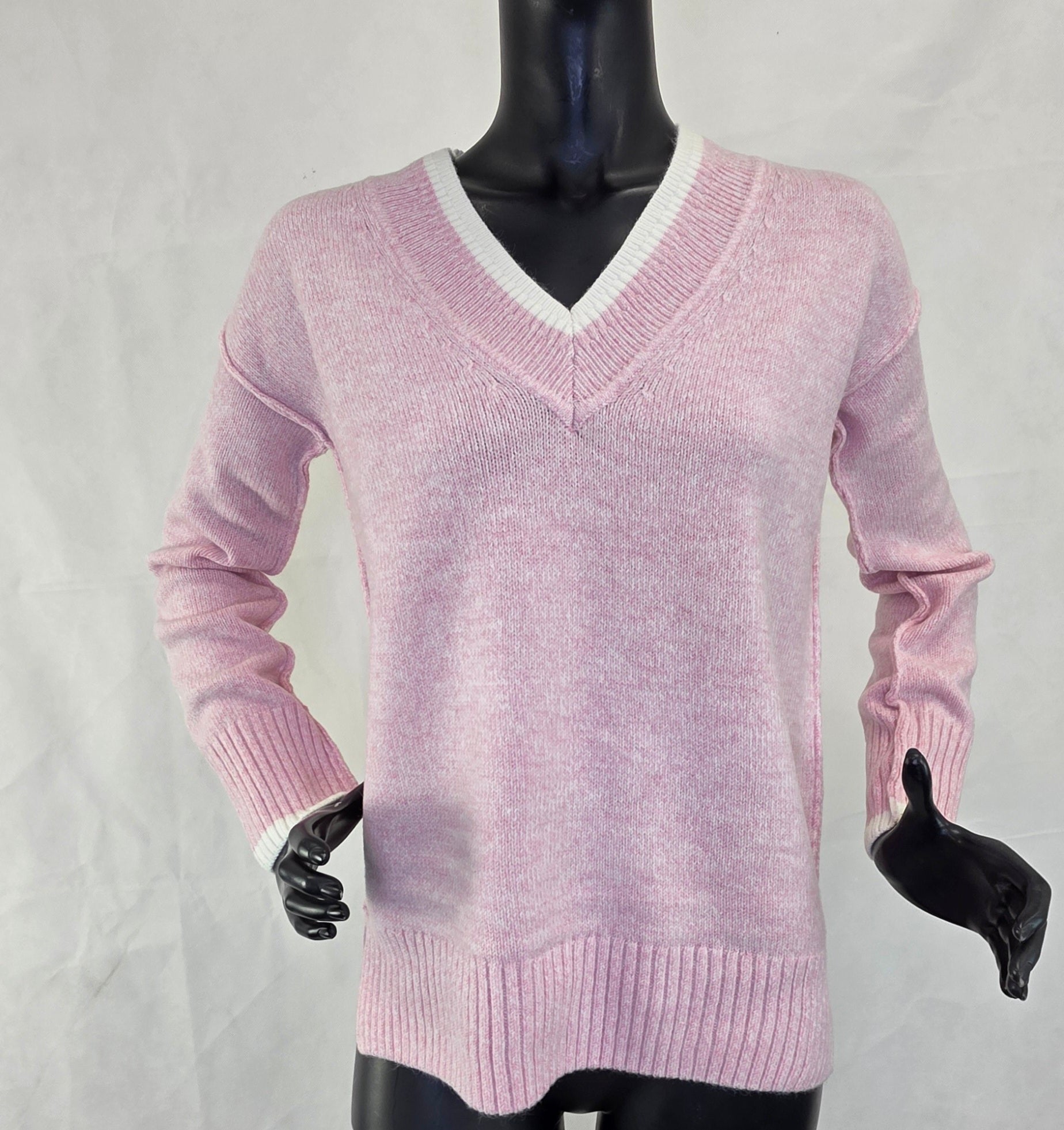 Ladies Long Sleeve V-Neck Jumper in Pink - Soft Knit Top for Women