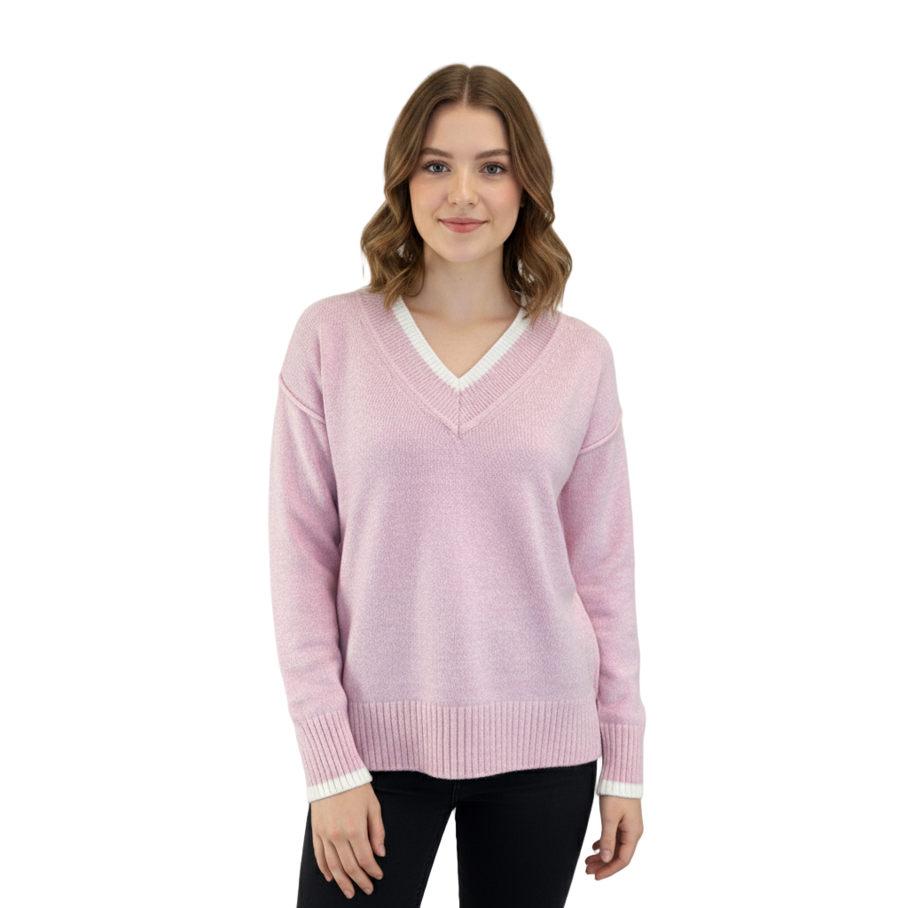 Soft Pink Knit Jumper with V-Neck