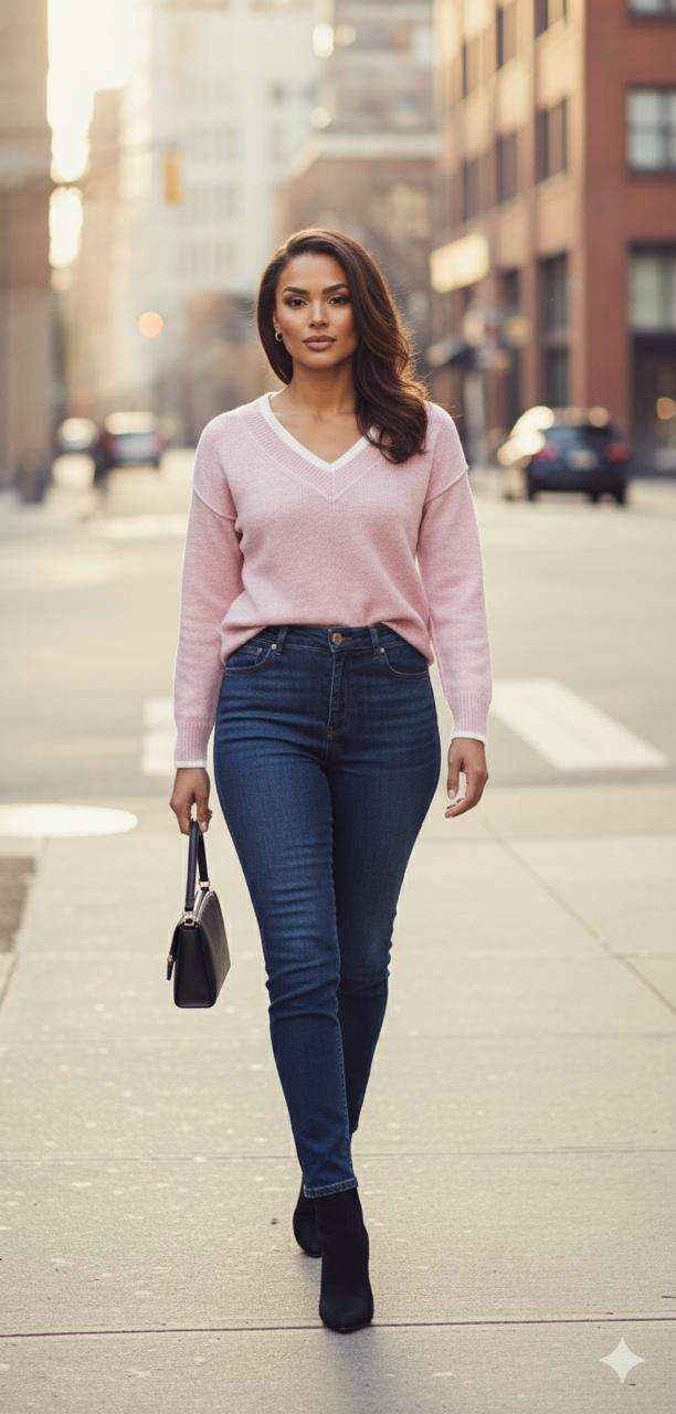 Ladies Long Sleeve V-Neck Jumper in Pink - Soft Knit Top for Women