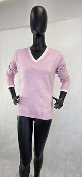 Ladies Long Sleeve V-Neck Jumper in Pink - Soft Knit Top for Women