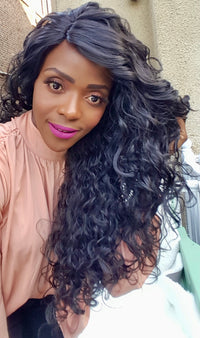 Sandy Long Curly Synthetic L Parting Lace Wig Mixed Colour