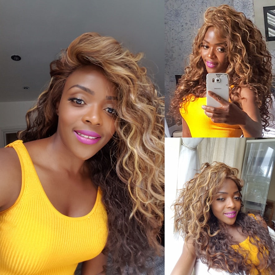 Sandy Long Curly Synthetic L Parting Lace Wig Mixed Colour