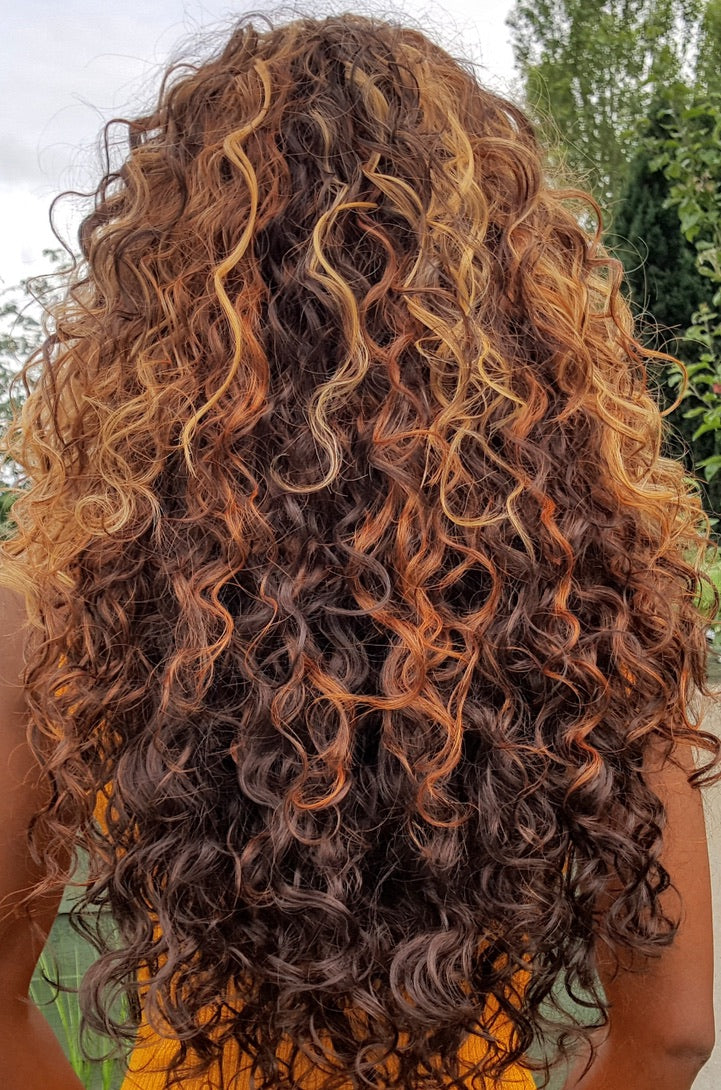 Sandy Long Curly Synthetic L Parting Lace Wig Mixed Colour