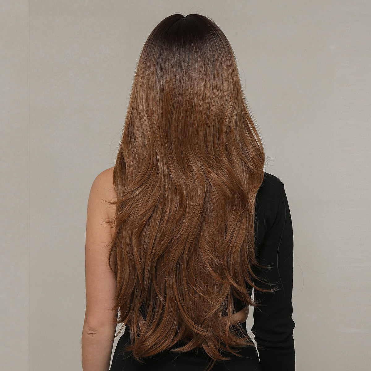 Nicola - Long Natural Wavy Black Brown Ombre Wig with Bangs