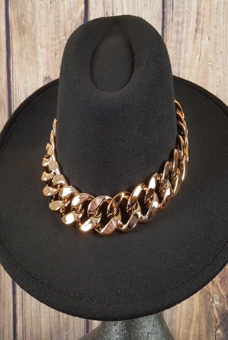 Gold Chain Fedora Hat - Black