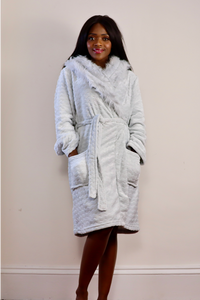 Ladies Hooded Premium Plush Dressing Gown Lunar Silver
