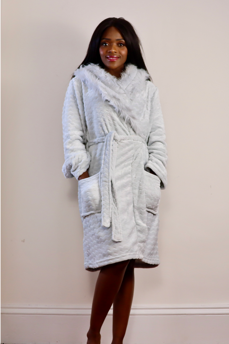Ladies Hooded Premium Plush Dressing Gown Lunar Silver